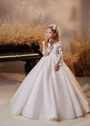 Long Sleeves Beaded White Lace Tulle Floral Flower Girl Dress